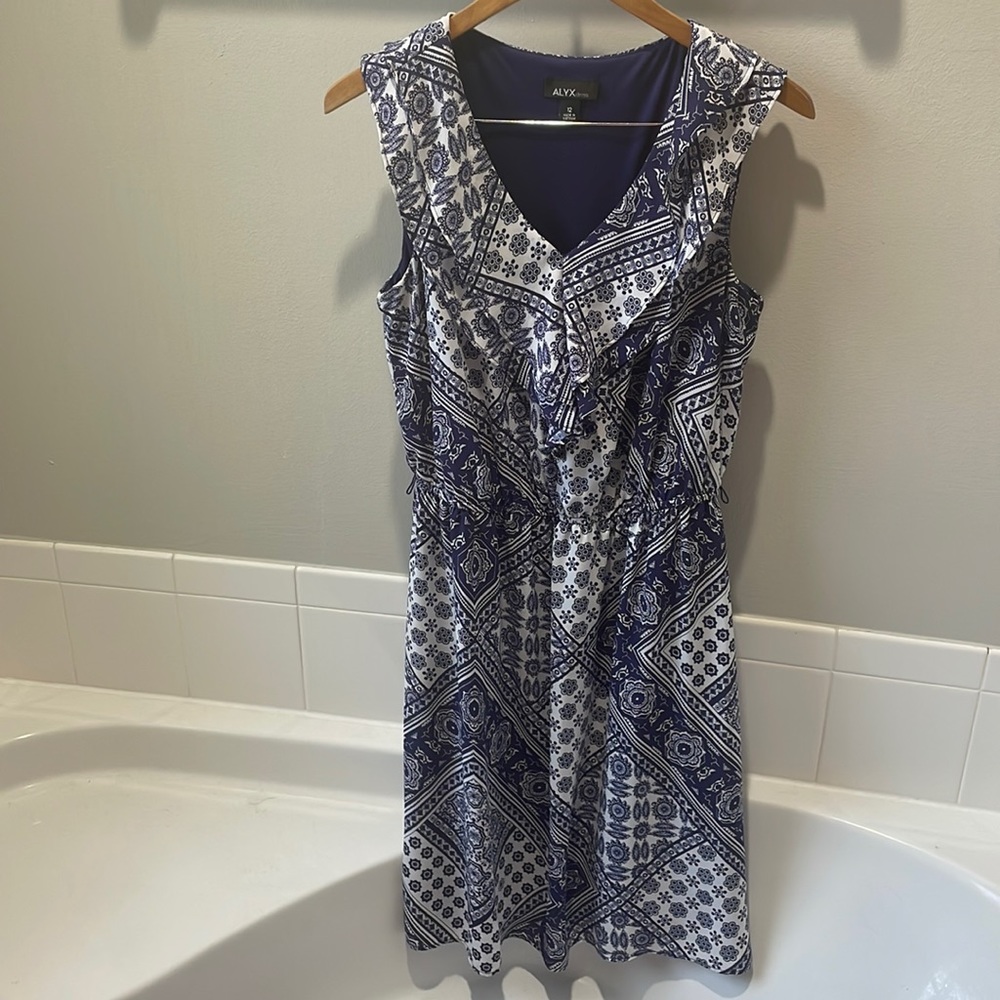 ALYX Ruffle Blue Paisley Sleeveless Dress Boho Sz 12 EUC